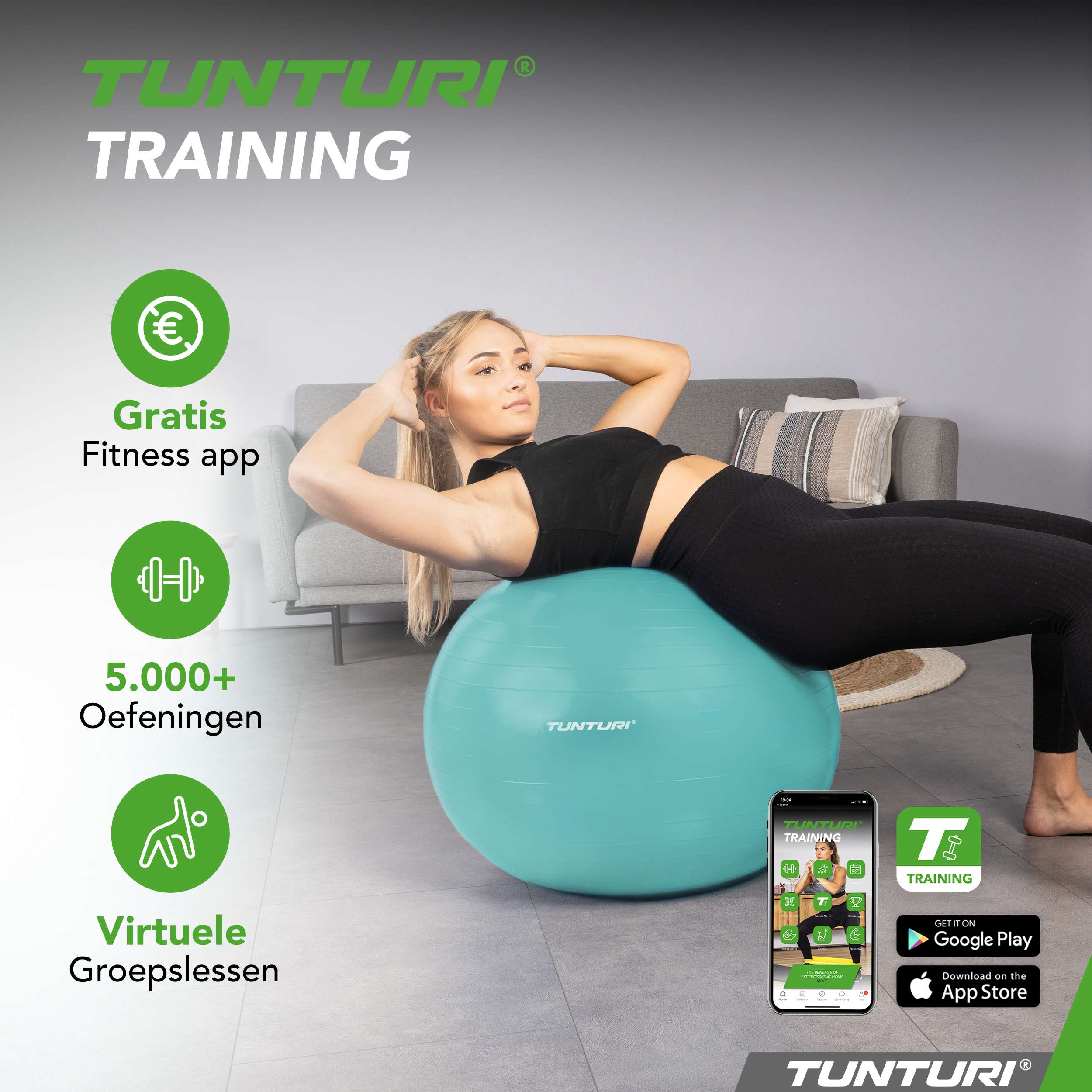 Tunturi Gymball 65cm, Turquoise, Anti Burst afbeelding 7