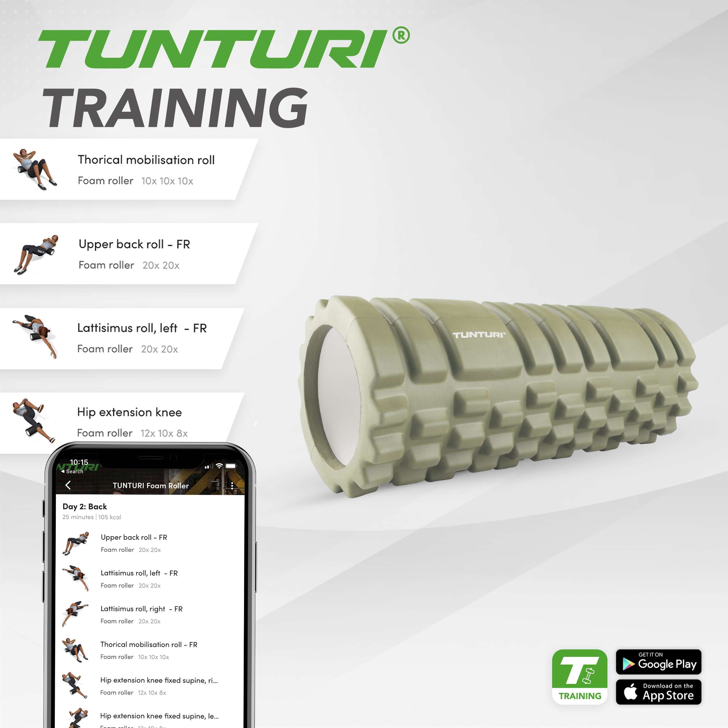 Tunturi Yoga Grid Foam Roller, 33cm, Army Green afbeelding 2