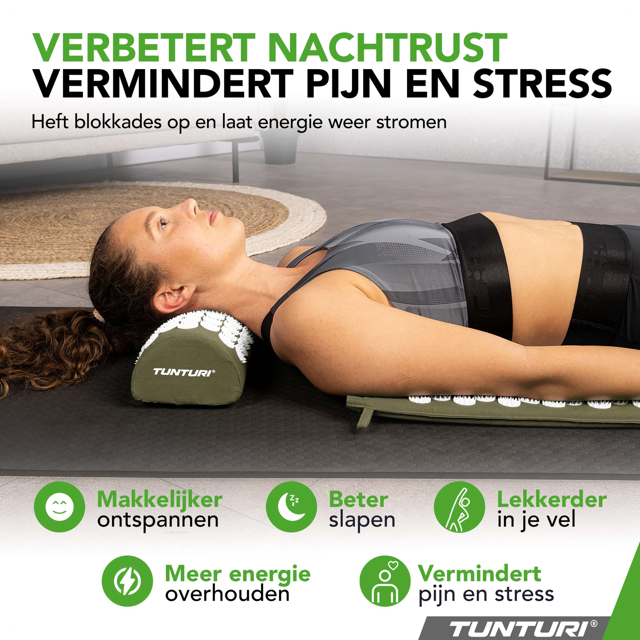 Tunturi Acupressure Mat And Pillow, Army Green afbeelding 2