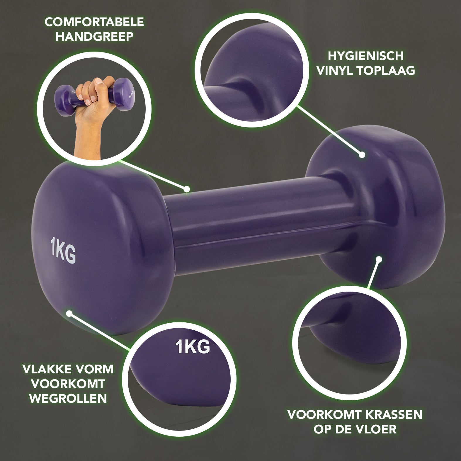 Tunturi Vinyl Dumbbells 1.0kg, Purple, Pair afbeelding 2