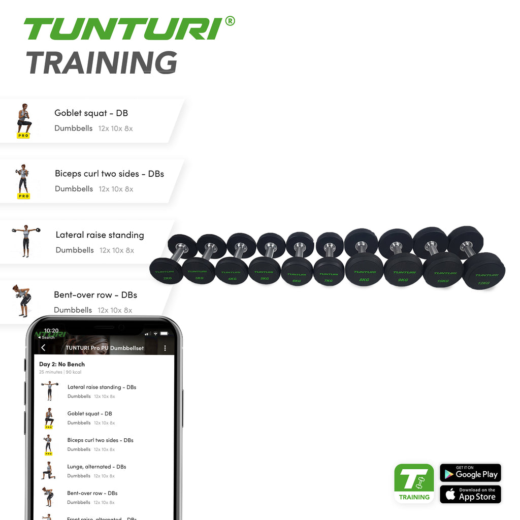 Tunturi PU Pro Dumbbell Set 2-12kg (10prs, 132kg) afbeelding 4