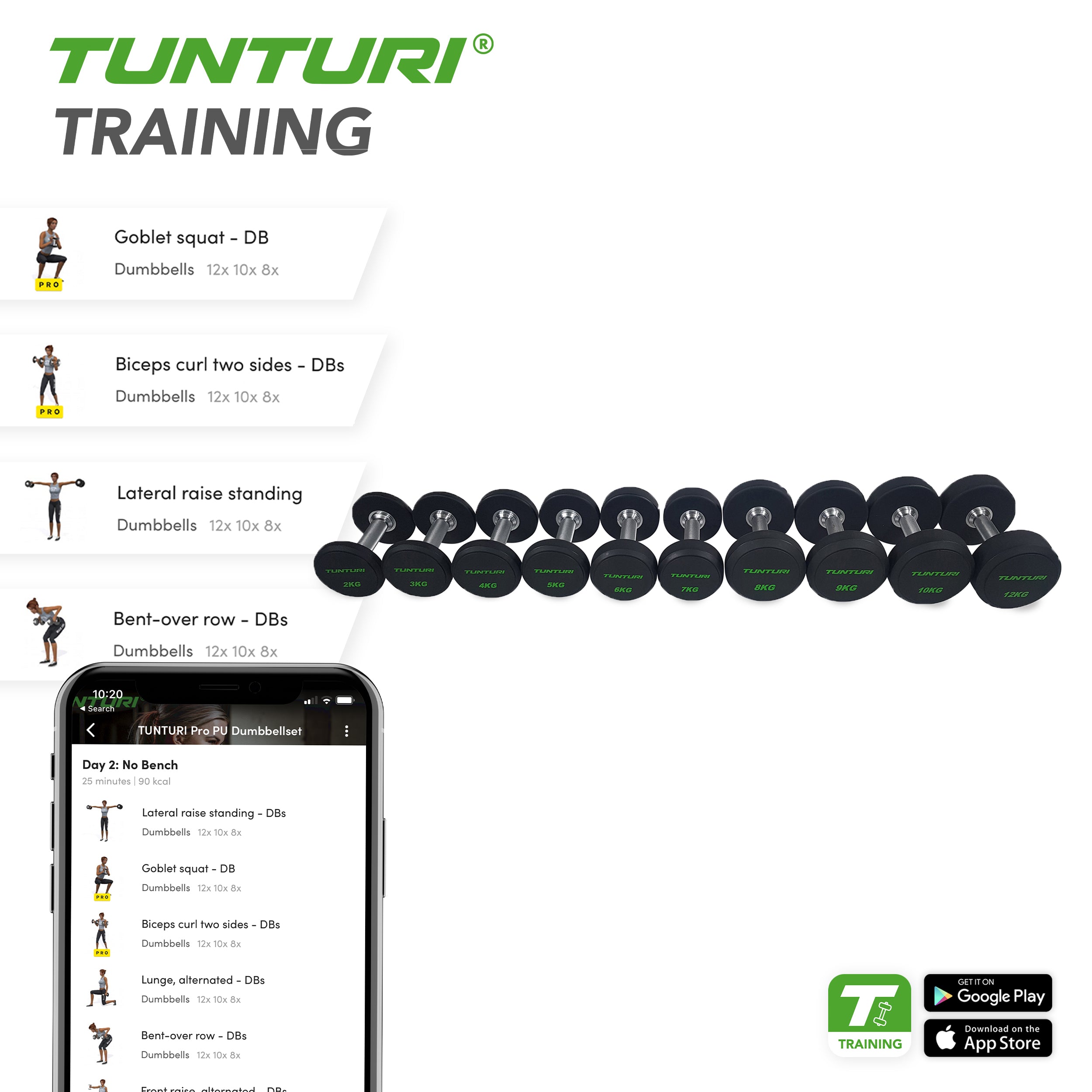 Tunturi PU Pro Dumbbell Set 2-12kg (10prs, 132kg) afbeelding 4