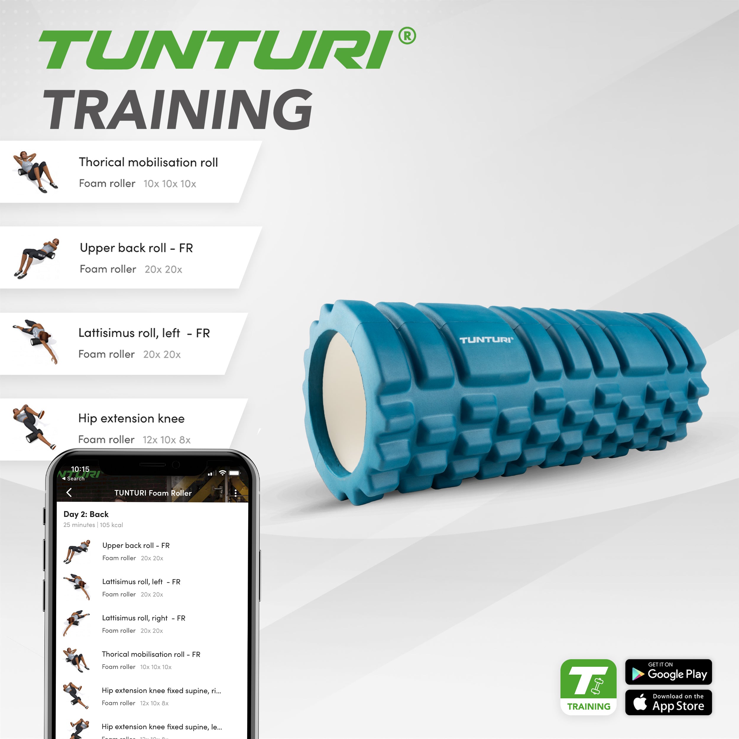 Tunturi Yoga Grid Foam Roller, 33cm, Petrol Blue afbeelding 8