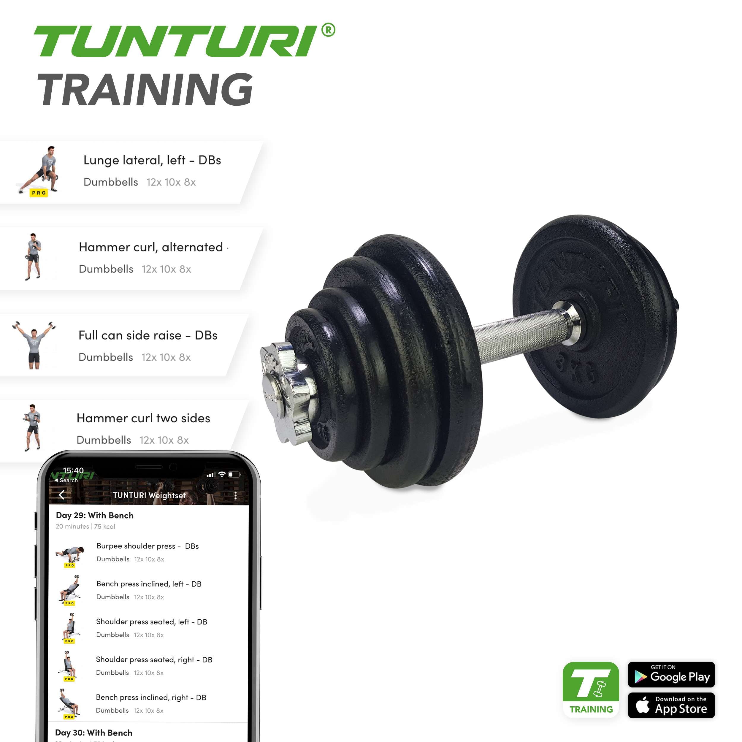 Tunturi Dumbbellset 20kg - with 1 Bar Screw afbeelding 4